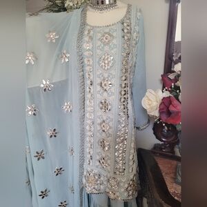 Pastel blue grey silver foil embroidery Indian Sharara dress gown